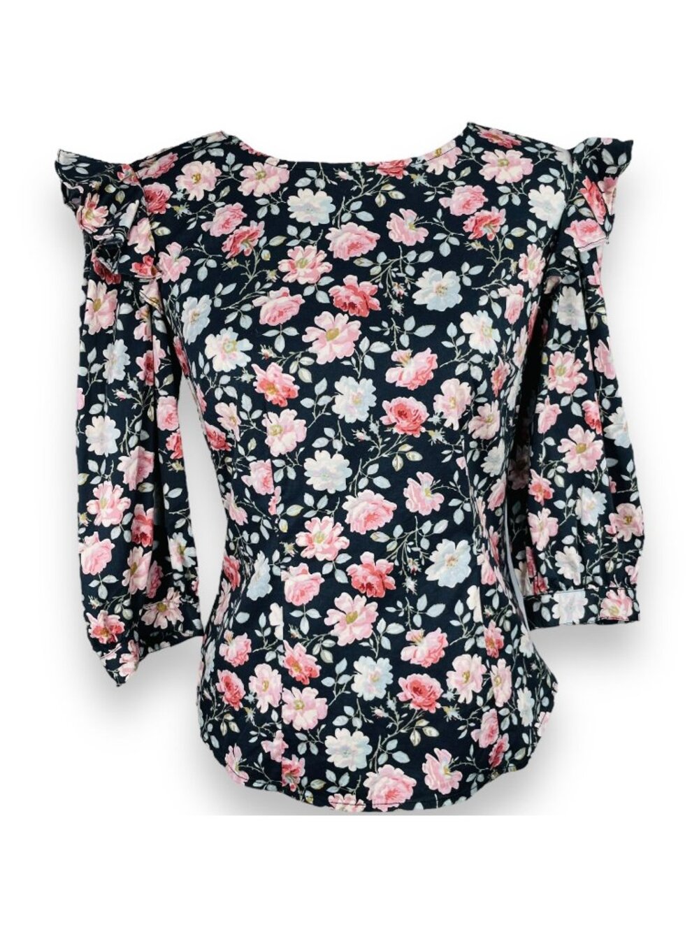 La Vie Rebecca Taylor Womens Black Floral Ruffle Peasant Sleeves Blouse Top XS